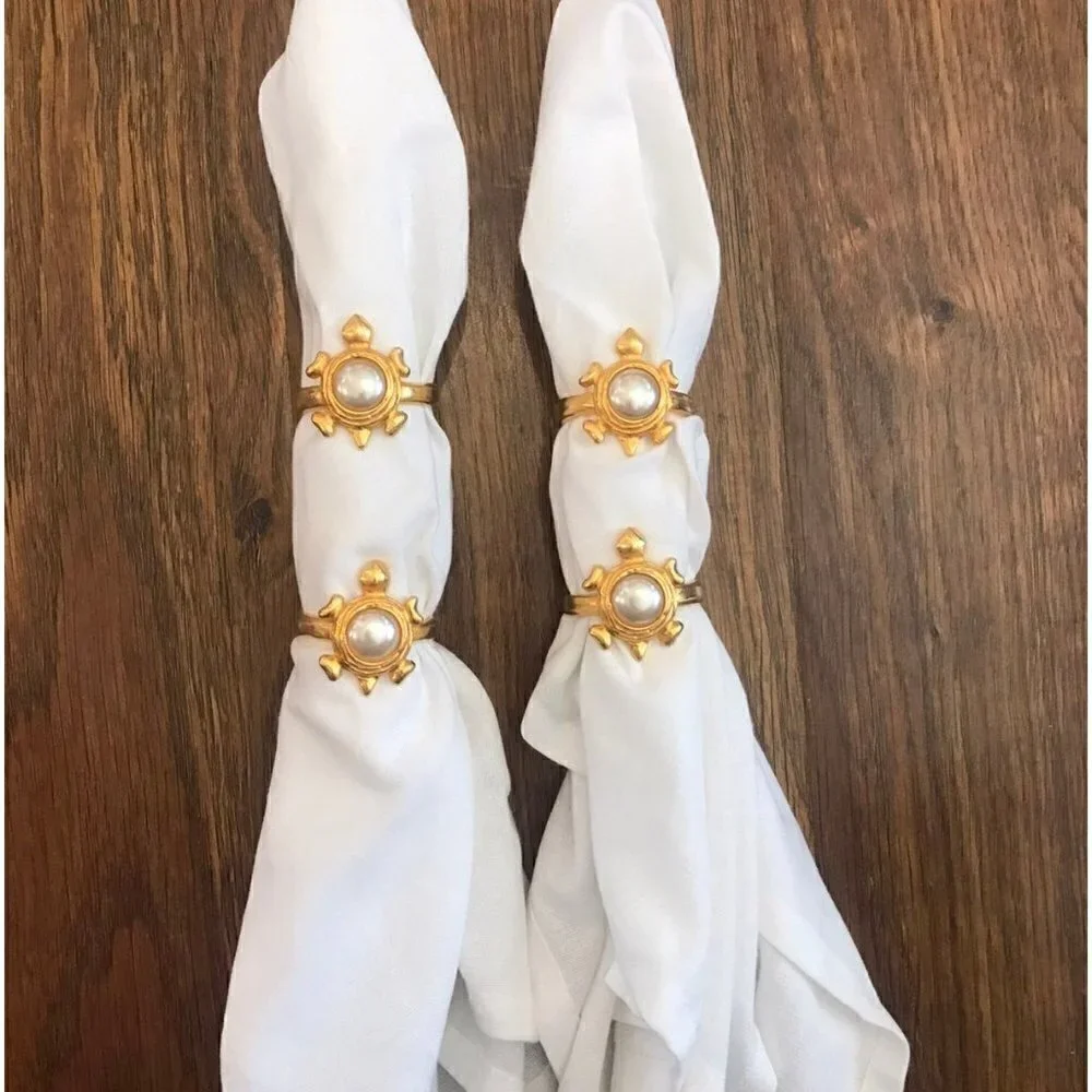 Vintage Edouard Rambaud gold and pearl turtle napkin rings